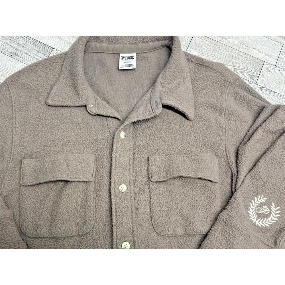 Victorias Secret PINK Brown Button Fleece Sweater Cardigan Shirt Shacket MEDIUM